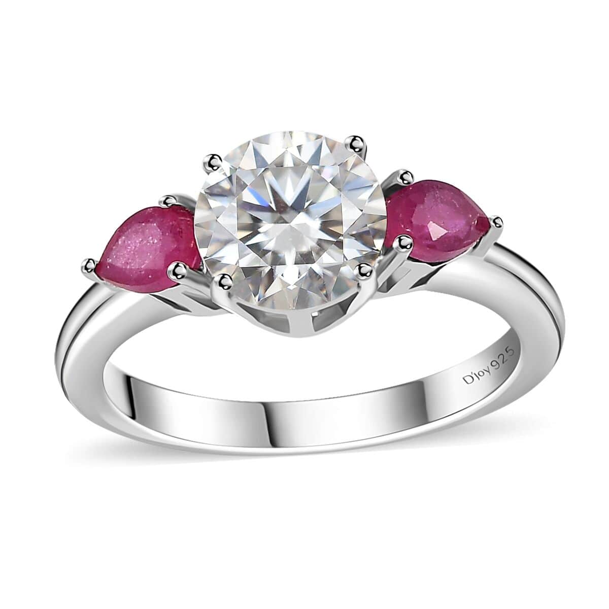 Moissanite and Niassa Ruby (FF) 3 Stone Ring in Platinum Over Sterling Silver (Size 9.0) 1.65 ctw image number 0