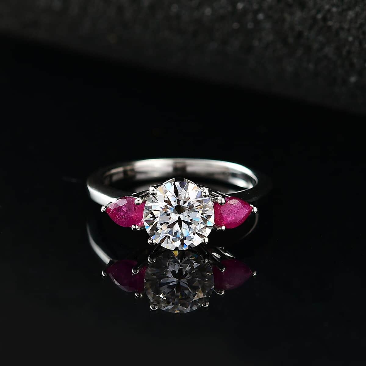 Moissanite and Niassa Ruby (FF) 3 Stone Ring in Platinum Over Sterling Silver (Size 9.0) 1.65 ctw image number 2