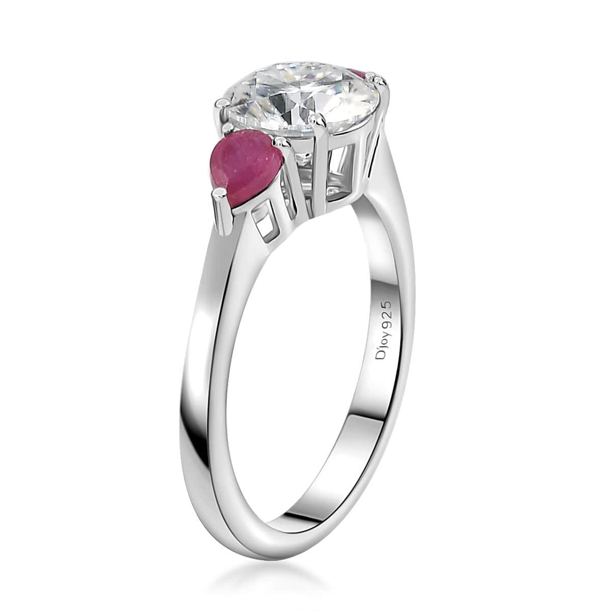 Moissanite and Niassa Ruby (FF) 3 Stone Ring in Platinum Over Sterling Silver (Size 9.0) 1.65 ctw image number 4