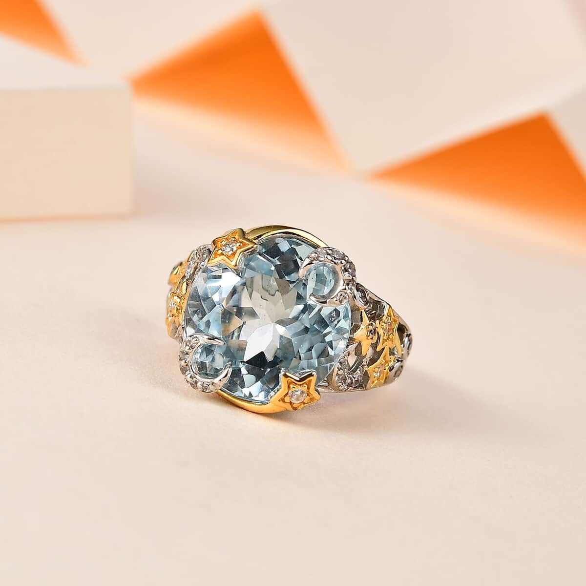 GP Celestial Dream Collection Blue Topaz and White Zircon Ring in Vermeil YG and Platinum Over Sterling Silver (Size 9.0) 12.65 ctw image number 1