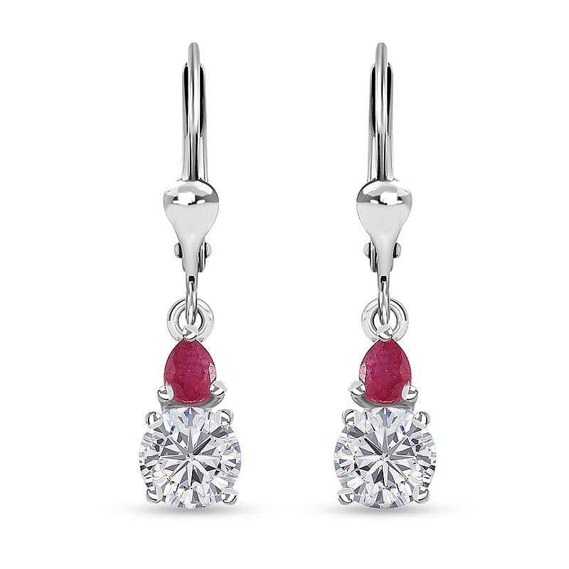 Moissanite and Niassa Ruby (FF) Lever Back Earrings in Platinum Over Sterling Silver 2.00 ctw