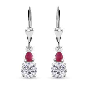 Moissanite and Niassa Ruby (FF) Lever Back Earrings in Platinum Over Sterling Silver 2.00 ctw