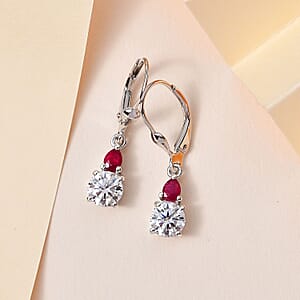 Moissanite and Niassa Ruby (FF) Lever Back Earrings in Platinum Over Sterling Silver 2.00 ctw