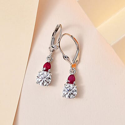 Moissanite and Niassa Ruby (FF) Lever Back Earrings in Platinum Over Sterling Silver 2.00 ctw