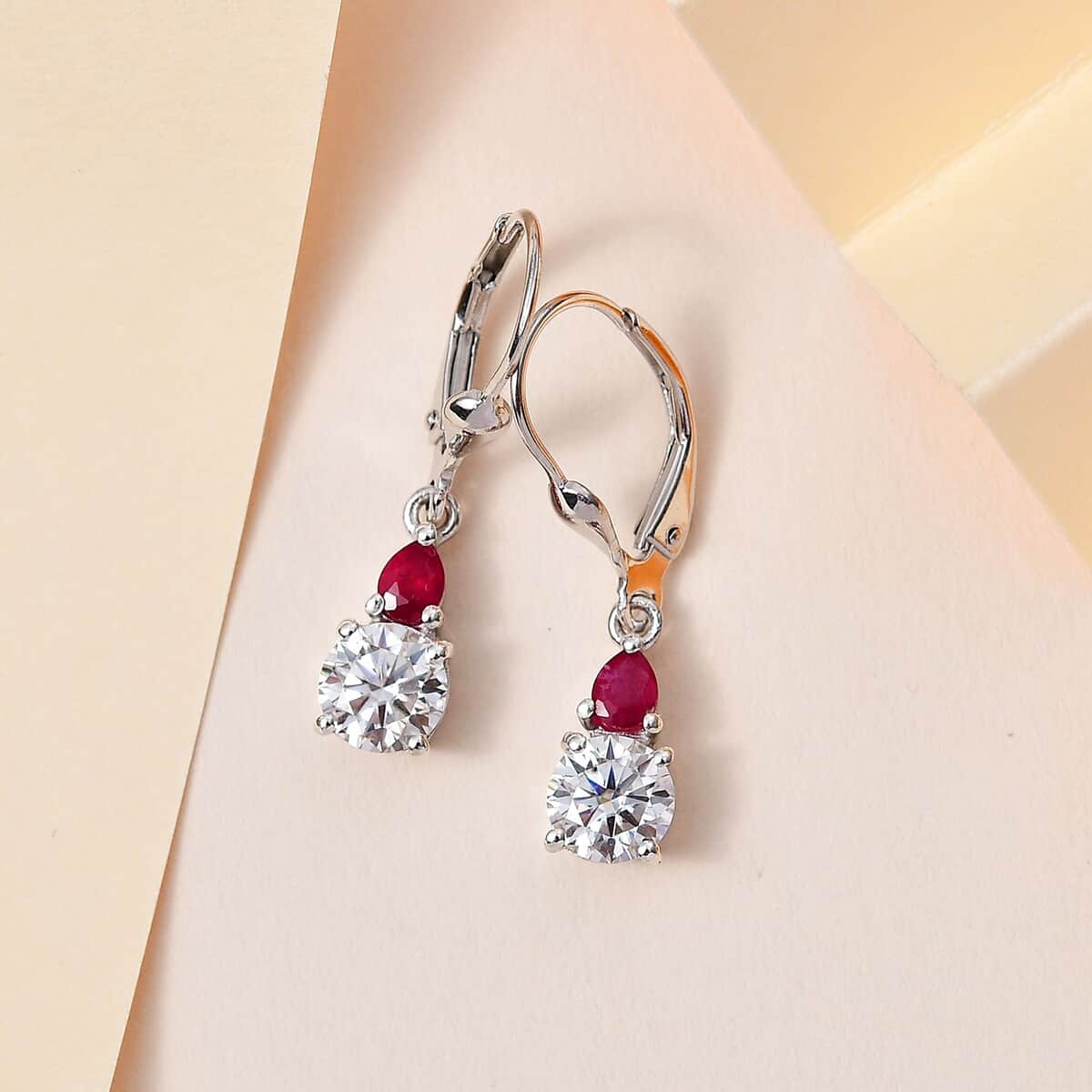 Moissanite and Niassa Ruby (FF) Lever Back Earrings in Platinum Over Sterling Silver 2.00 ctw image number 1