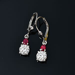 Moissanite and Niassa Ruby (FF) Lever Back Earrings in Platinum Over Sterling Silver 2.00 ctw