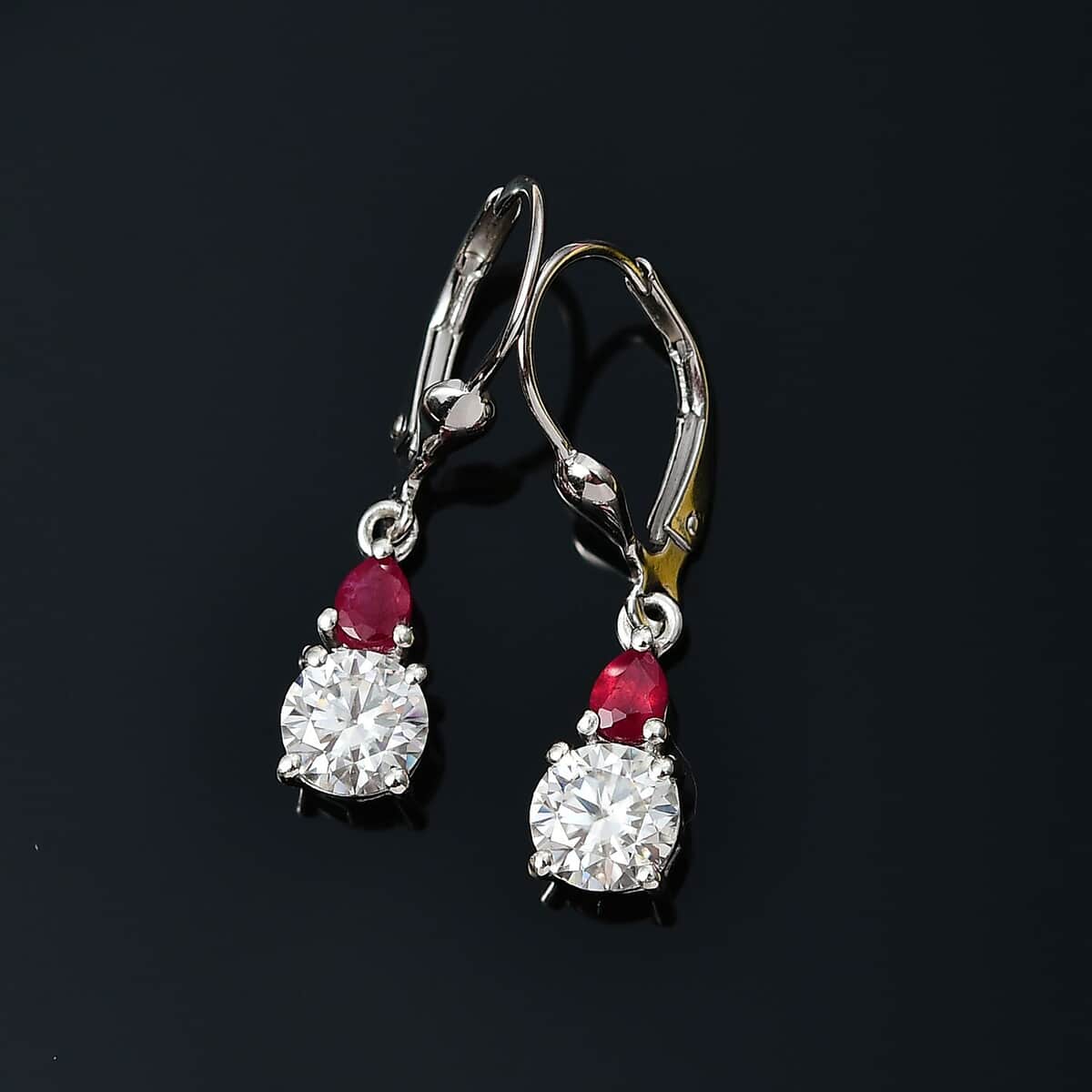 Moissanite and Niassa Ruby (FF) Lever Back Earrings in Platinum Over Sterling Silver 2.00 ctw image number 2