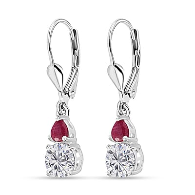 Moissanite and Niassa Ruby (FF) Lever Back Earrings in Platinum Over Sterling Silver 2.00 ctw