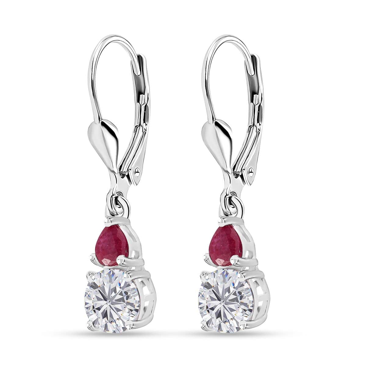 Moissanite and Niassa Ruby (FF) Lever Back Earrings in Platinum Over Sterling Silver 2.00 ctw image number 4