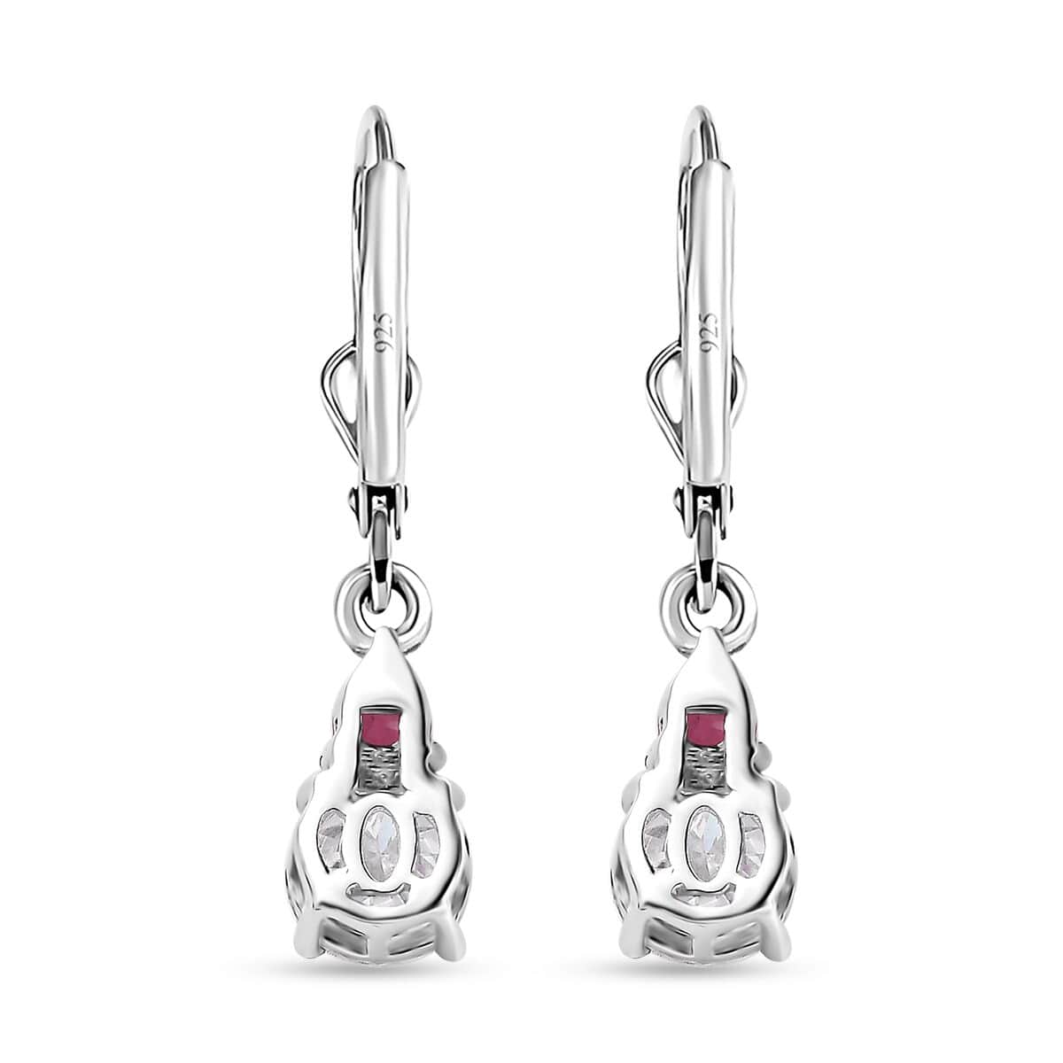 Moissanite and Niassa Ruby (FF) Lever Back Earrings in Platinum Over Sterling Silver 2.00 ctw image number 5