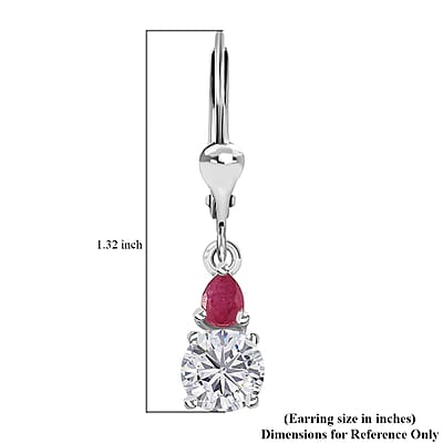 Moissanite and Niassa Ruby (FF) Lever Back Earrings in Platinum Over Sterling Silver 2.00 ctw