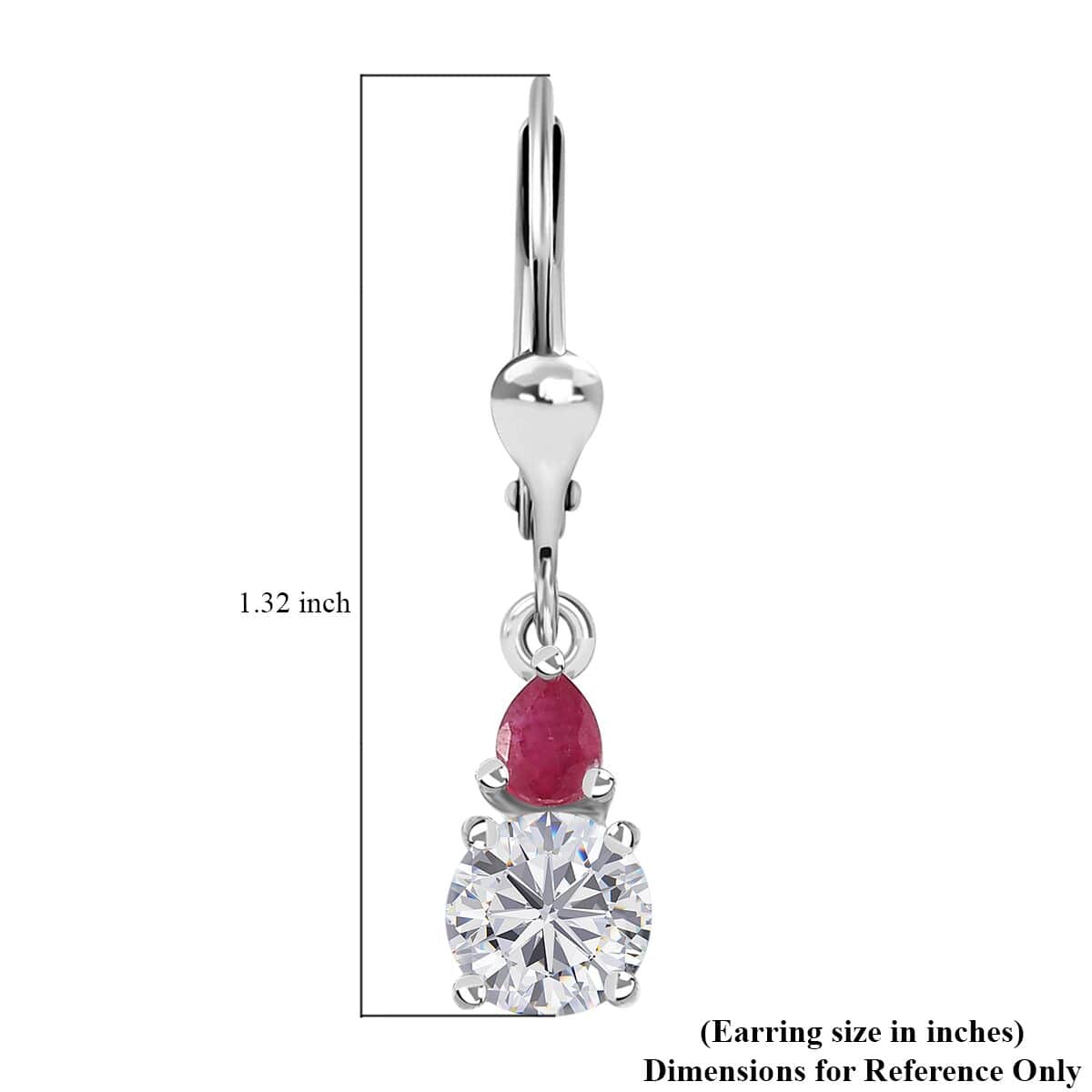 Moissanite and Niassa Ruby (FF) Lever Back Earrings in Platinum Over Sterling Silver 2.00 ctw image number 6