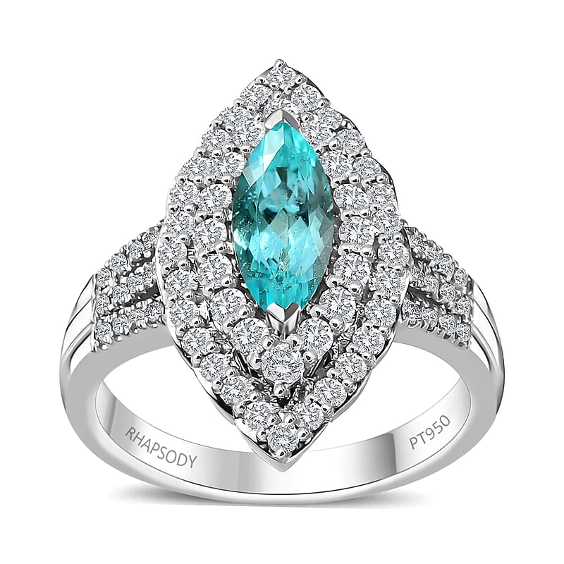 Certified & Appraised Rhapsody 950 Platinum AAAA Paraiba Tourmaline and E-F VS Diamond Double Halo Ring (Size 8.0) 10.38 Grams 2.25 ctw