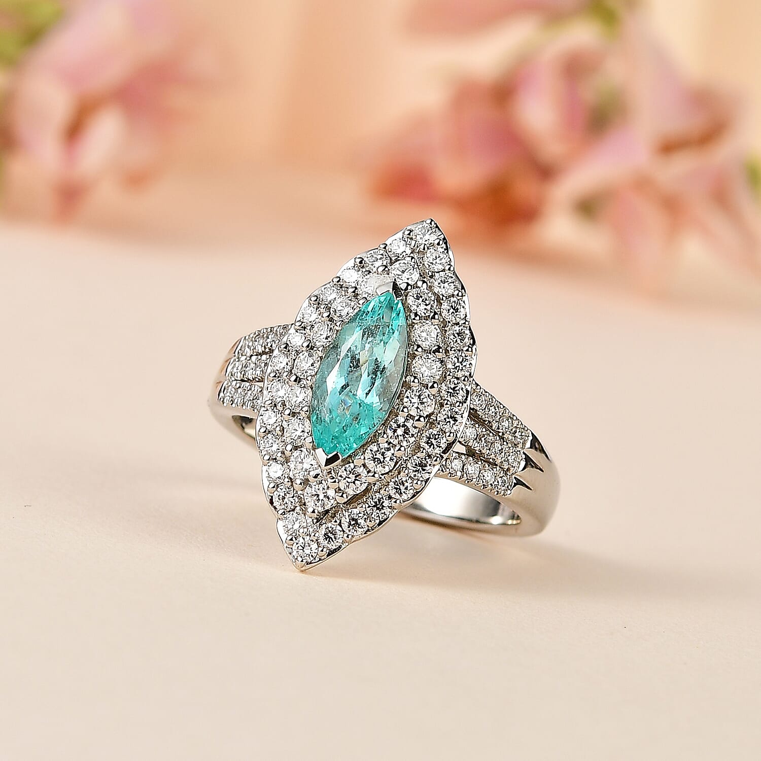 Certified & Appraised Rhapsody 950 Platinum AAAA Paraiba Tourmaline and E-F VS Diamond Double Halo Ring (Size 8.0) 10.38 Grams 2.25 ctw