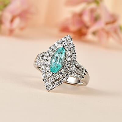 Certified & Appraised Rhapsody 950 Platinum AAAA Paraiba Tourmaline and E-F VS Diamond Double Halo Ring (Size 8.0) 10.38 Grams 2.25 ctw