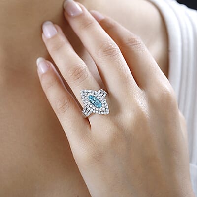 Certified & Appraised Rhapsody 950 Platinum AAAA Paraiba Tourmaline and E-F VS Diamond Double Halo Ring (Size 8.0) 10.38 Grams 2.25 ctw