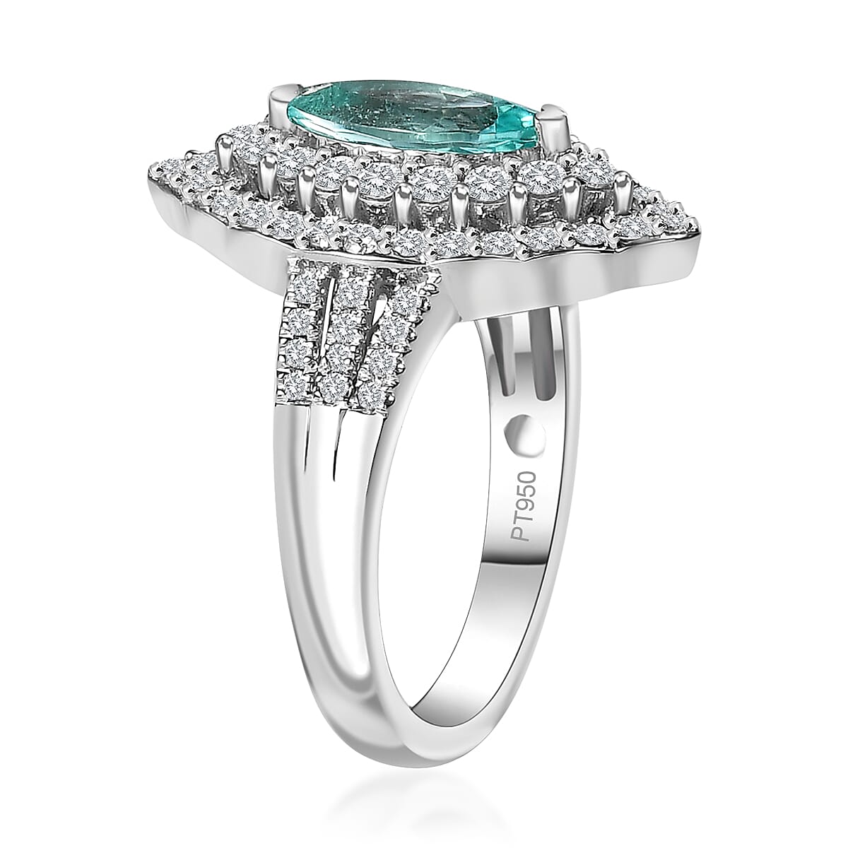 Certified & Appraised Rhapsody 950 Platinum AAAA Paraiba Tourmaline and E-F VS Diamond Double Halo Ring (Size 8.0) 10.38 Grams 2.25 ctw