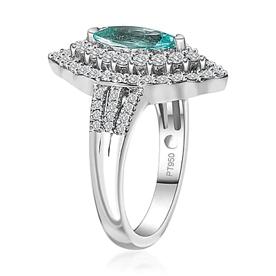 Certified & Appraised Rhapsody 950 Platinum AAAA Paraiba Tourmaline and E-F VS Diamond Double Halo Ring (Size 8.0) 10.38 Grams 2.25 ctw