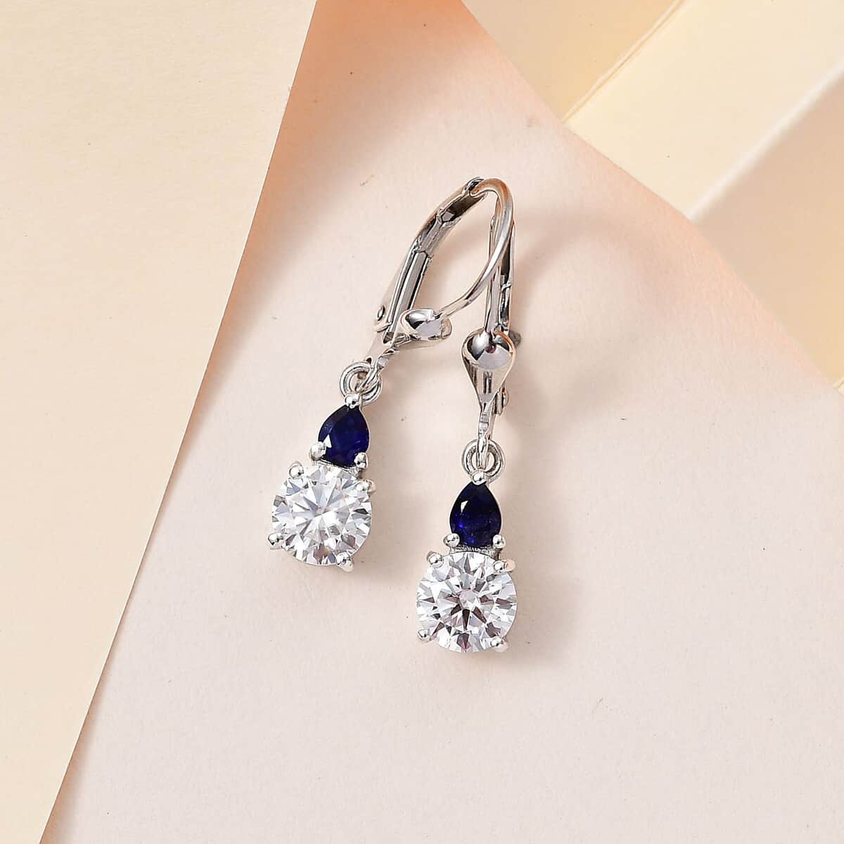 Moissanite and Masoala Sapphire (D) Lever Back Earrings in Platinum Over Sterling Silver 1.90 ctw image number 1