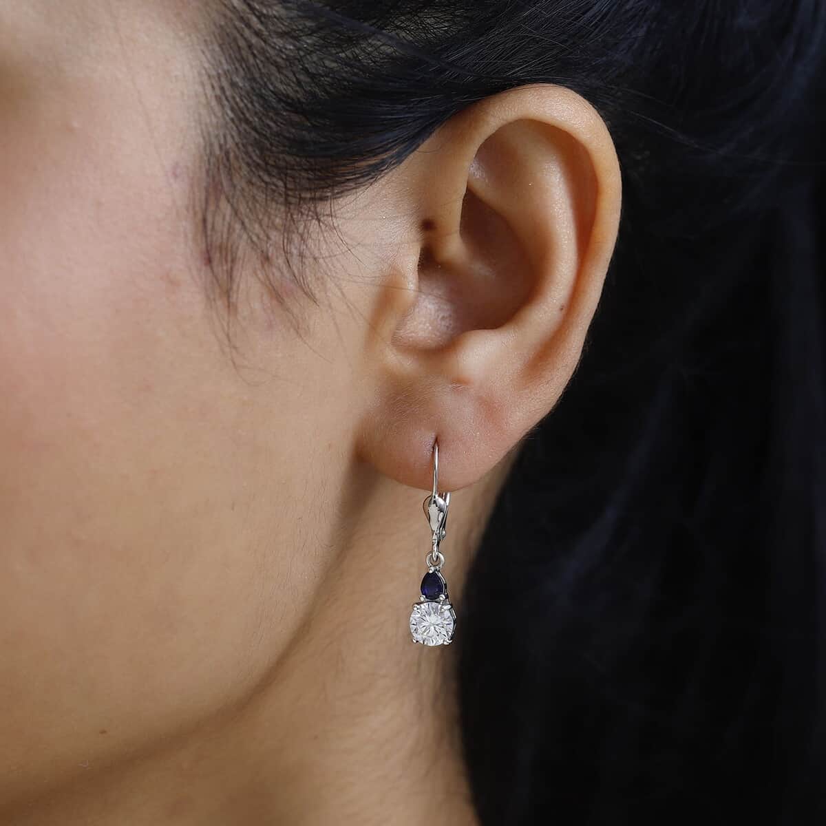 Moissanite and Masoala Sapphire (D) Lever Back Earrings in Platinum Over Sterling Silver 1.90 ctw image number 2