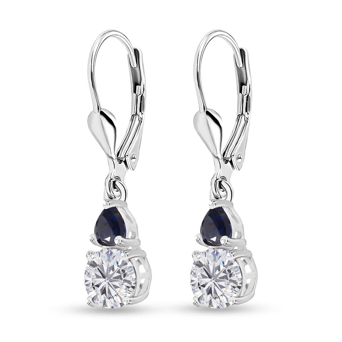 Moissanite and Masoala Sapphire (D) Lever Back Earrings in Platinum Over Sterling Silver 1.90 ctw image number 3