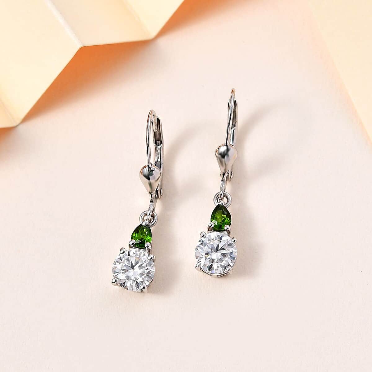 Moissanite (Rnd 6mm) and Chrome Diopside Lever Back Earrings in Platinum Over Sterling Silver 1.85 ctw image number 1