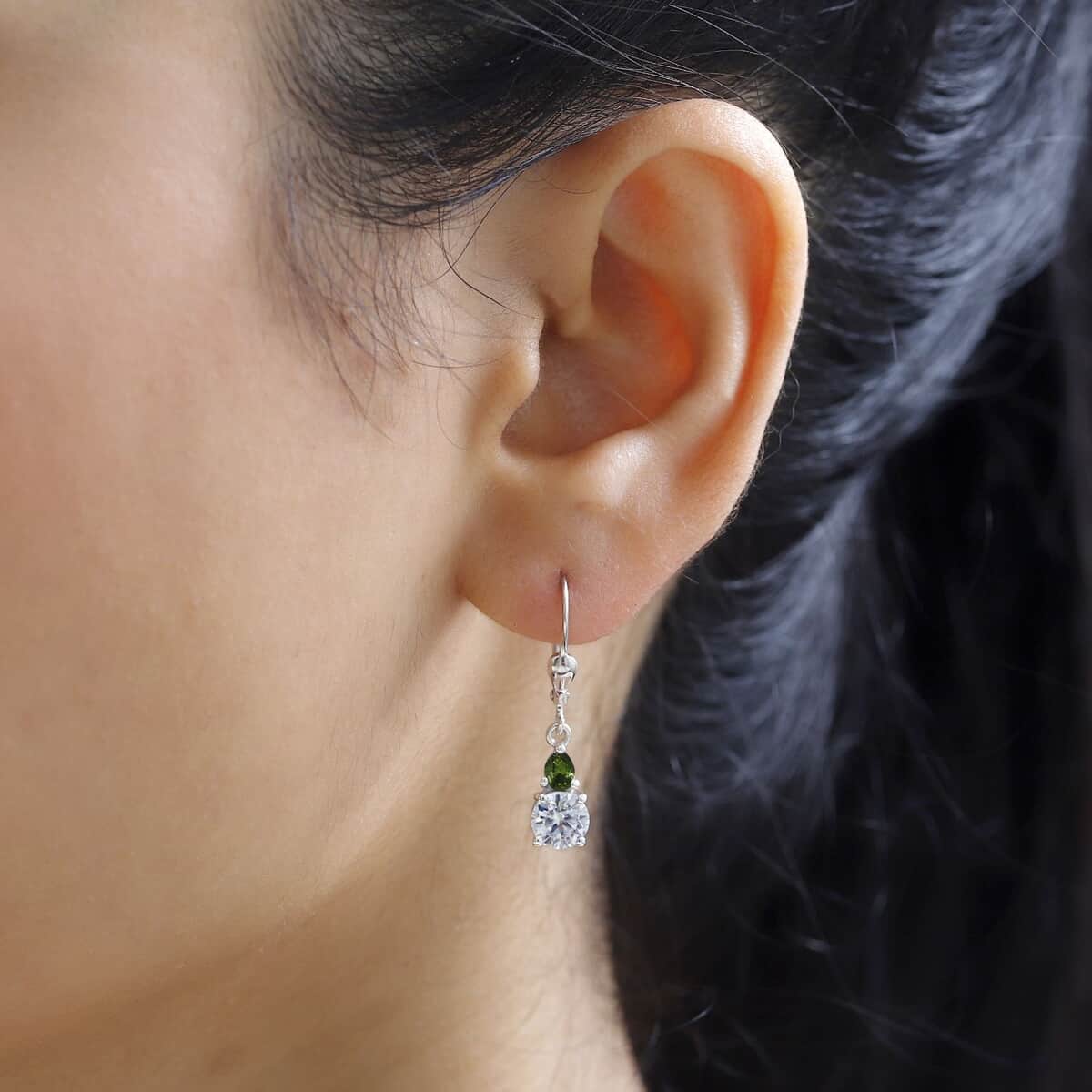 Moissanite (Rnd 6mm) and Chrome Diopside Lever Back Earrings in Platinum Over Sterling Silver 1.85 ctw image number 2