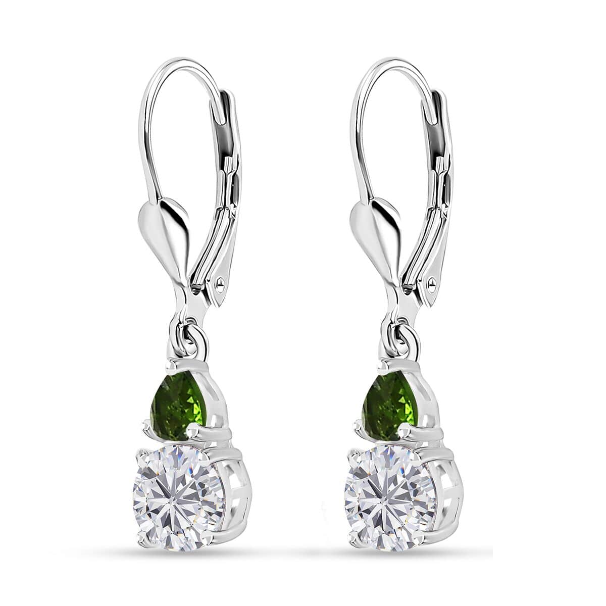 Moissanite (Rnd 6mm) and Chrome Diopside Lever Back Earrings in Platinum Over Sterling Silver 1.85 ctw image number 3