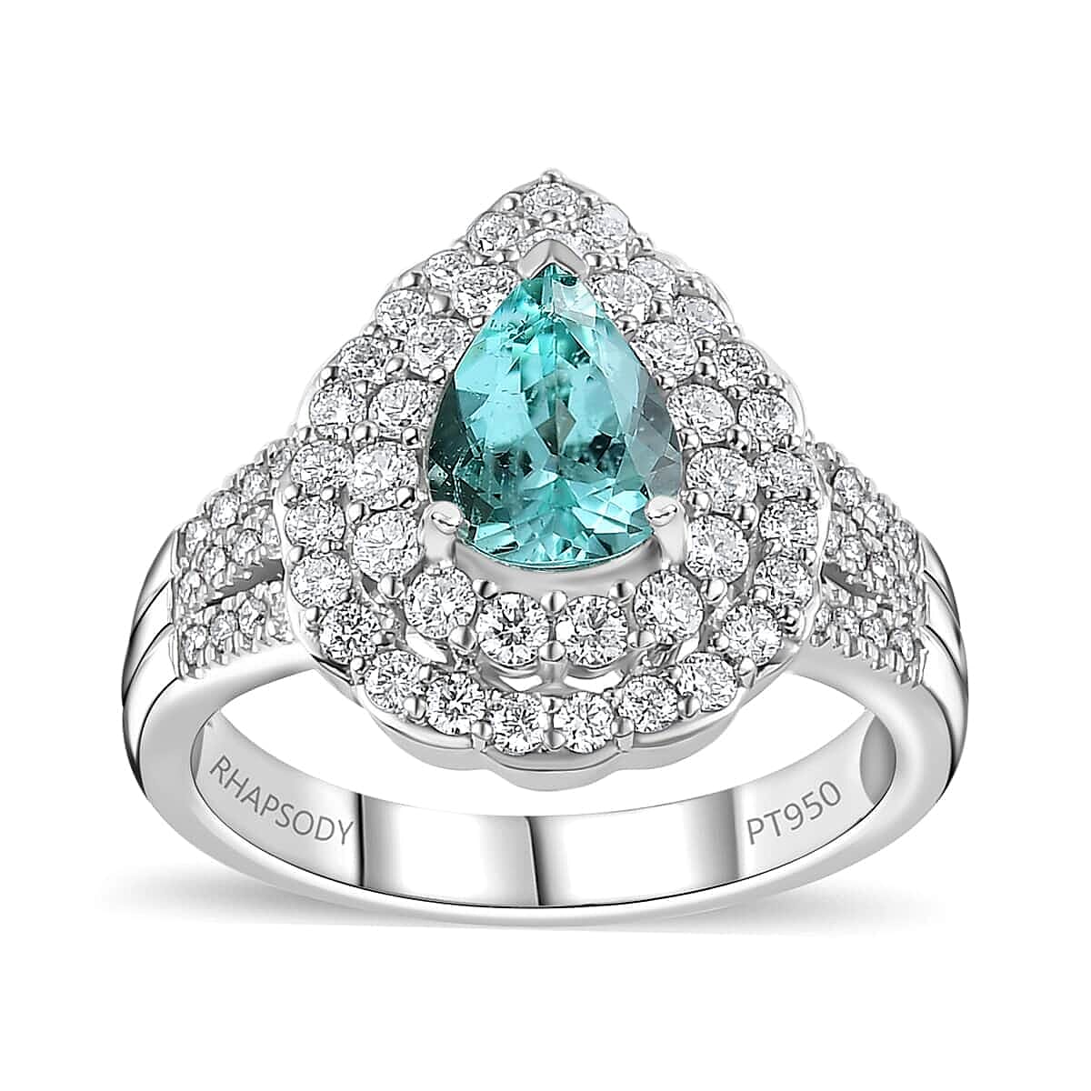 Certified & Appraised Rhapsody 950 Platinum AAAA Paraiba Tourmaline and E-F VS Diamond Double Halo Ring (Size 10.0) 10.35 Grams 2.35 ctw image number 0