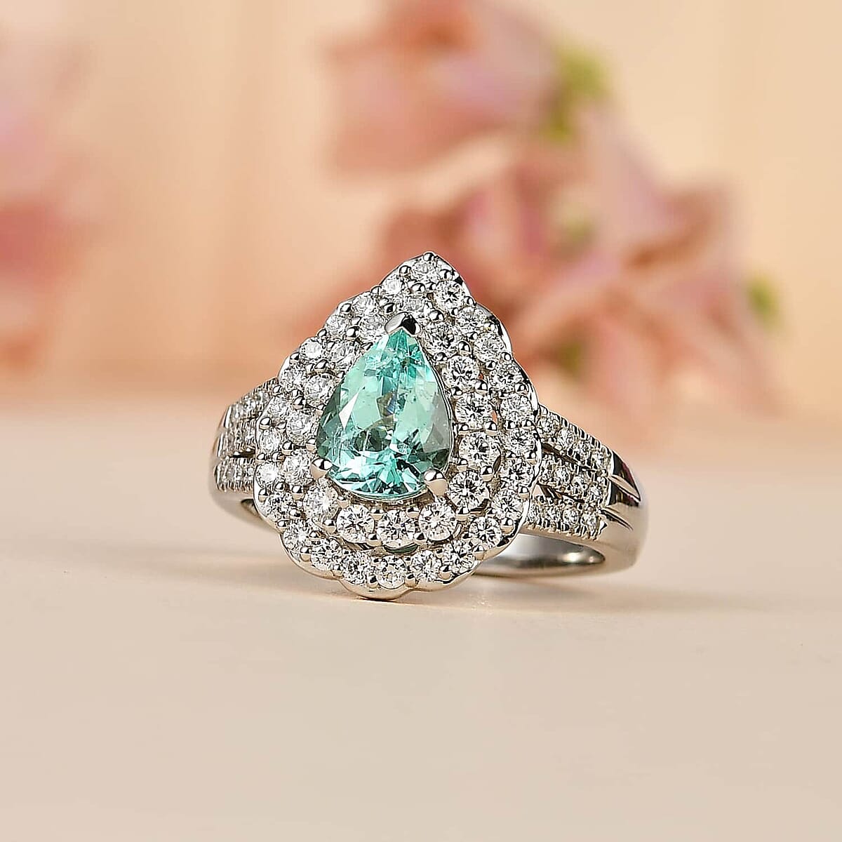 Certified & Appraised Rhapsody 950 Platinum AAAA Paraiba Tourmaline and E-F VS Diamond Double Halo Ring (Size 10.0) 10.35 Grams 2.35 ctw image number 1