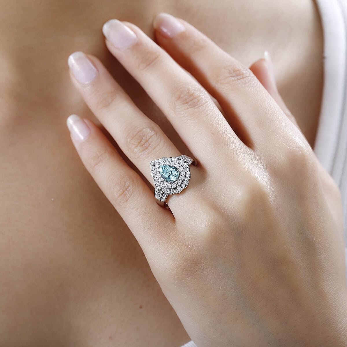 Certified & Appraised Rhapsody 950 Platinum AAAA Paraiba Tourmaline and E-F VS Diamond Double Halo Ring (Size 10.0) 10.35 Grams 2.35 ctw image number 2