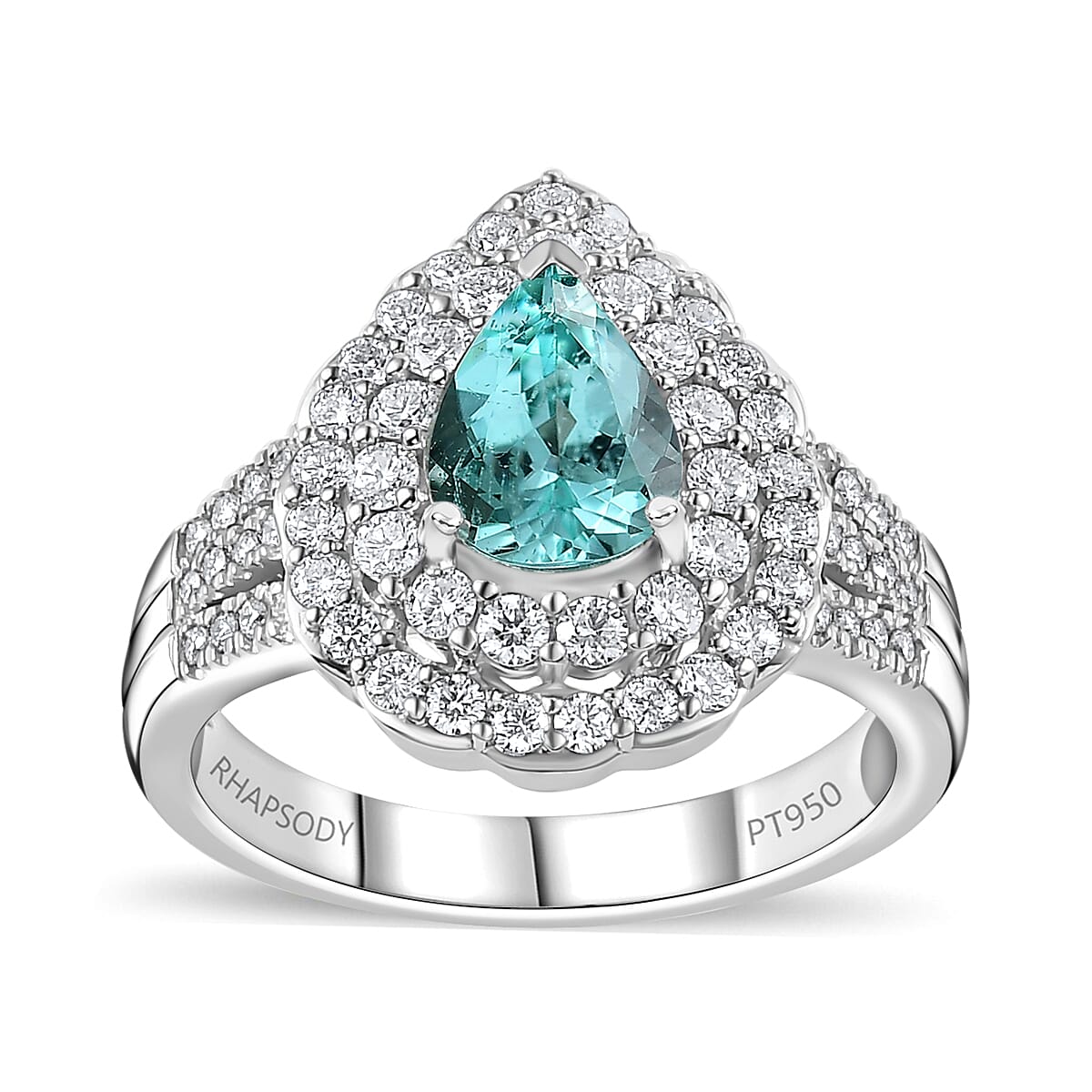 Certified & Appraised Rhapsody 950 Platinum AAAA Paraiba Tourmaline and E-F VS Diamond Double Halo Ring (Size 7.5) 10.35 Grams 2.35 ctw image number 0