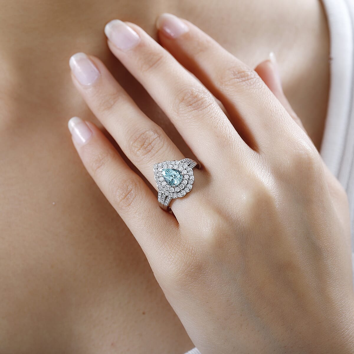 Certified & Appraised Rhapsody 950 Platinum AAAA Paraiba Tourmaline and E-F VS Diamond Double Halo Ring (Size 7.5) 10.35 Grams 2.35 ctw image number 2