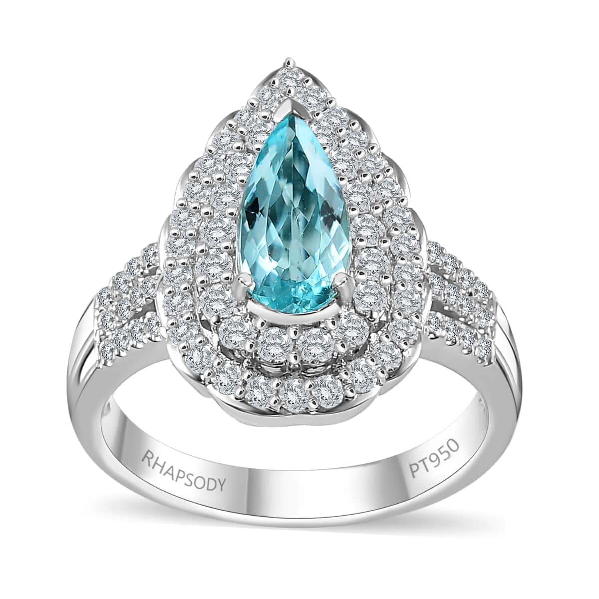 Certified & Appraised Rhapsody 950 Platinum AAAA Paraiba Tourmaline and E-F VS Diamond Double Halo Ring (Size 8.0) 10.35 Grams 2.35 ctw image number 0