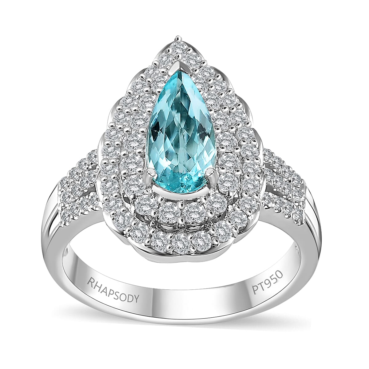 Certified & Appraised Rhapsody 950 Platinum AAAA Paraiba Tourmaline and E-F VS Diamond Double Halo Ring (Size 8.0) 10.35 Grams 2.35 ctw image number 0