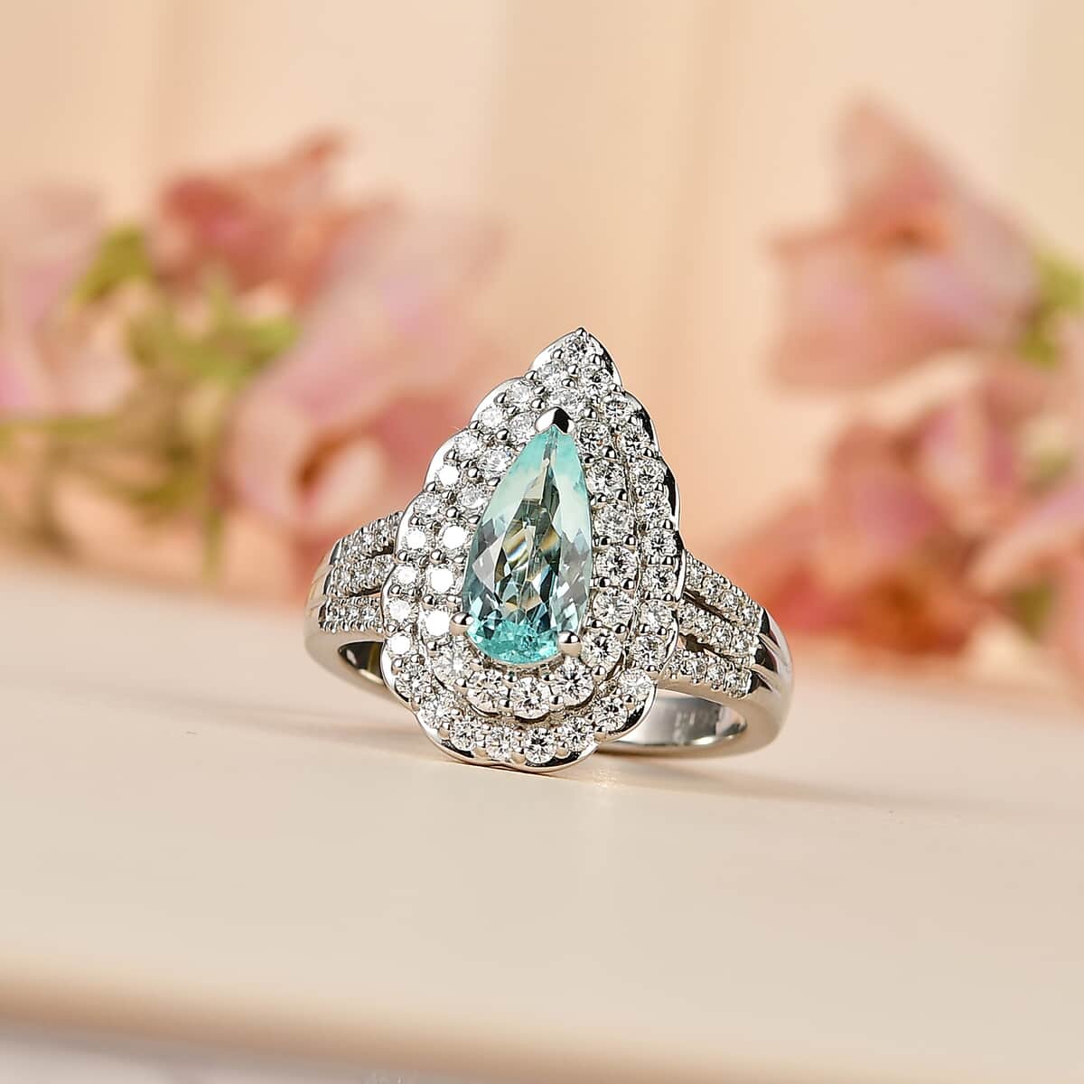 Certified & Appraised Rhapsody 950 Platinum AAAA Paraiba Tourmaline and E-F VS Diamond Double Halo Ring (Size 8.0) 10.35 Grams 2.35 ctw image number 1