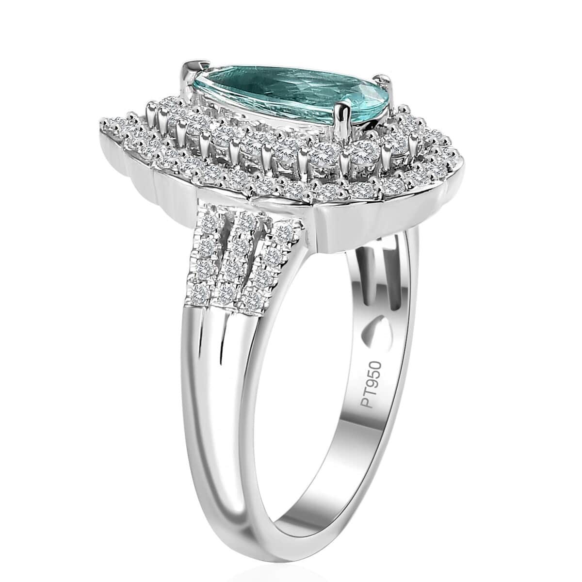 Certified & Appraised Rhapsody 950 Platinum AAAA Paraiba Tourmaline and E-F VS Diamond Double Halo Ring (Size 8.0) 10.35 Grams 2.35 ctw image number 3