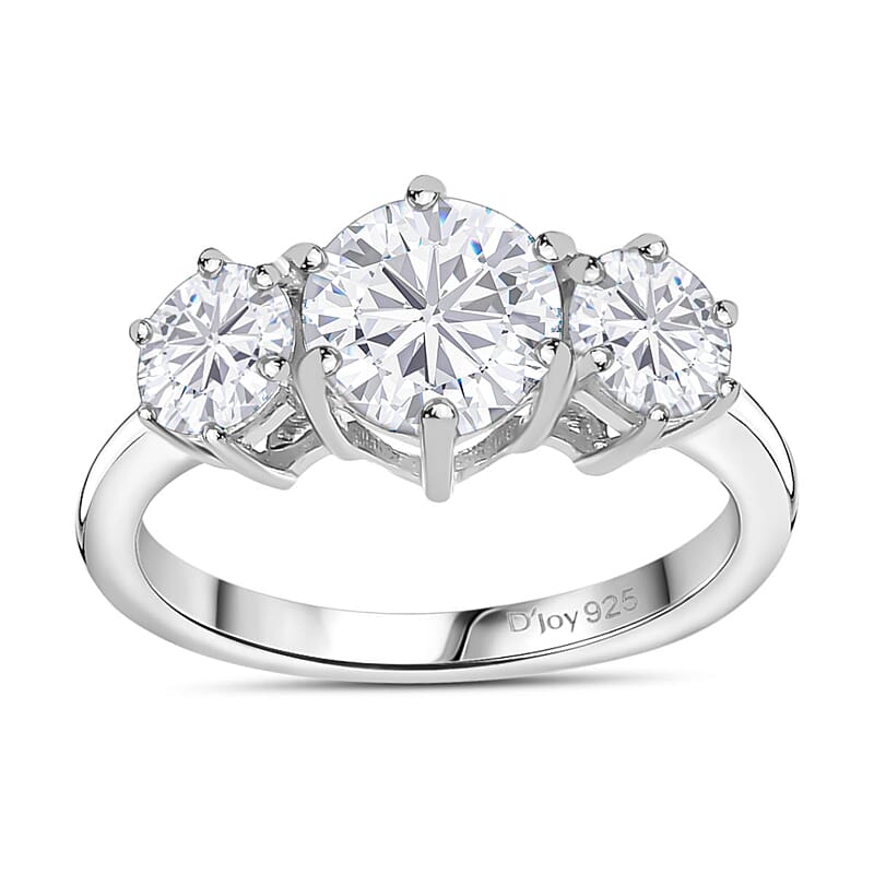 Moissanite 3 Stone Ring in Platinum Over Sterling Silver (Size 10.0) 2.00 ctw