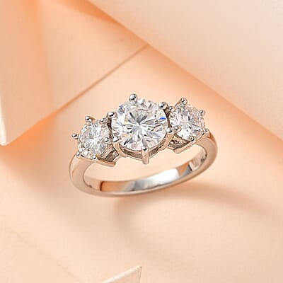 Moissanite 3 Stone Ring in Platinum Over Sterling Silver (Size 10.0) 2.00 ctw