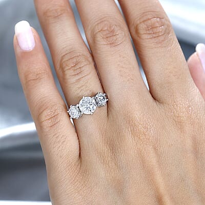 Moissanite 3 Stone Ring in Platinum Over Sterling Silver (Size 10.0) 2.00 ctw