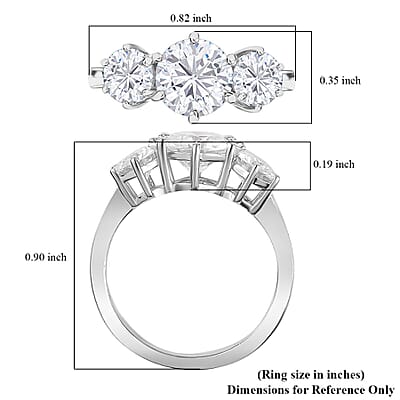Moissanite 3 Stone Ring in Platinum Over Sterling Silver (Size 10.0) 2.00 ctw