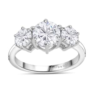 Moissanite 3 Stone Ring in Platinum Over Sterling Silver (Size 5.0) 2.00 ctw