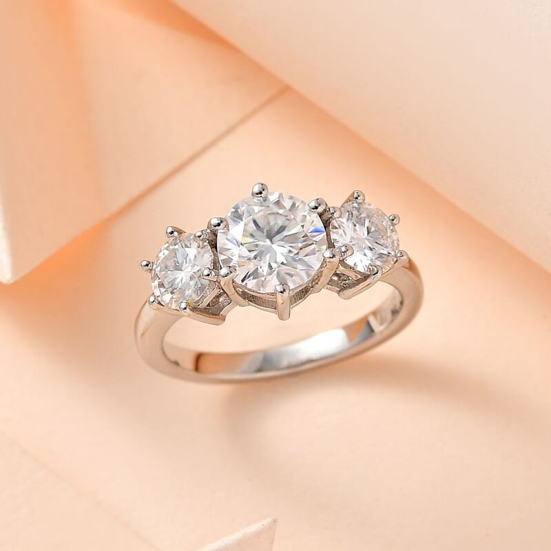 Moissanite 3 Stone Ring in Platinum Over Sterling Silver (Size 5.0) 2.00 ctw