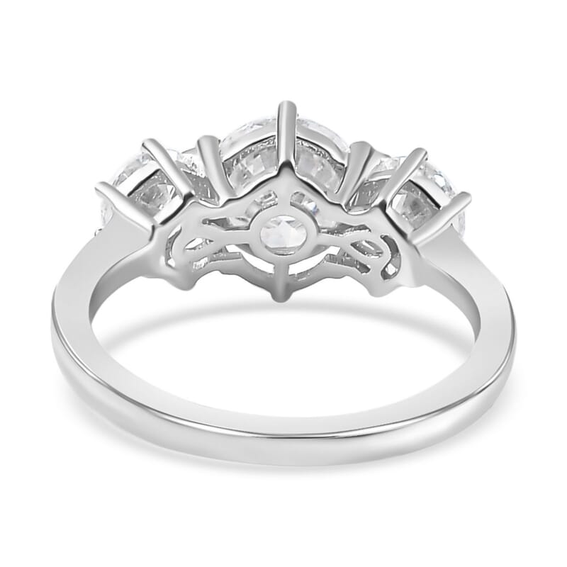 Moissanite 3 Stone Ring in Platinum Over Sterling Silver (Size 5.0) 2.00 ctw