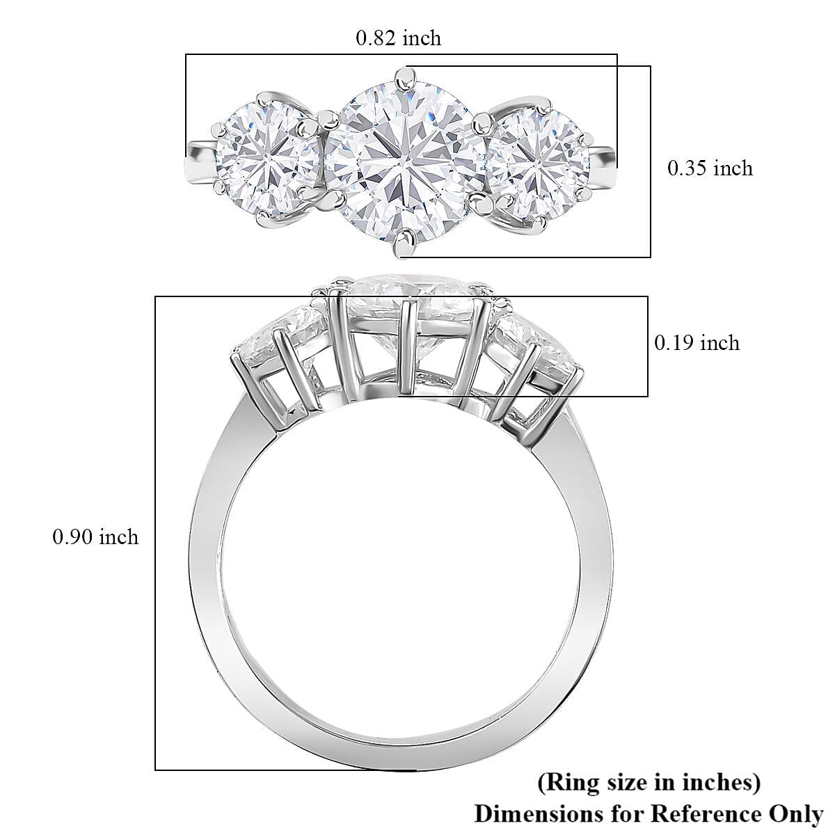 Moissanite 3 Stone Ring in Platinum Over Sterling Silver (Size 5.0) 2.00 ctw