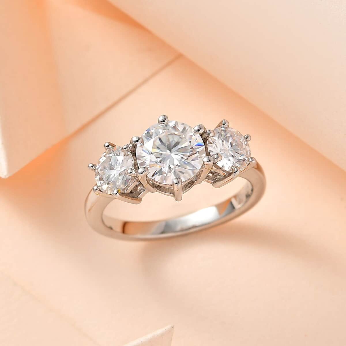 Moissanite 3 Stone Ring in Platinum Over Sterling Silver (Size 6.0) 2.00 ctw image number 1