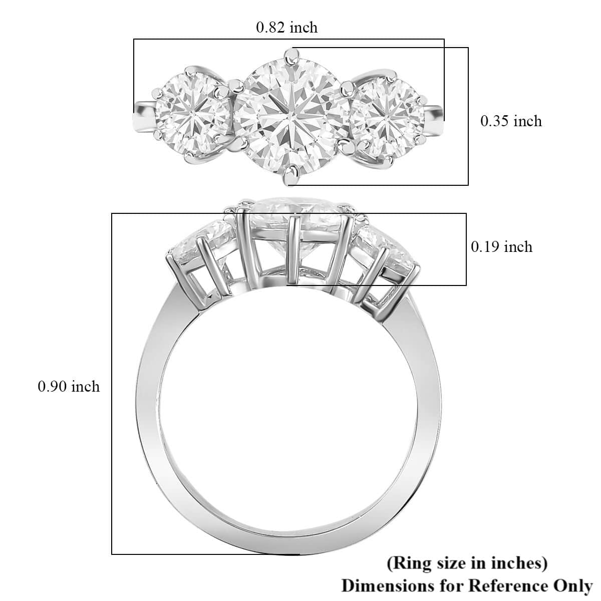 Moissanite 3 Stone Ring in Platinum Over Sterling Silver (Size 6.0) 2.00 ctw image number 5