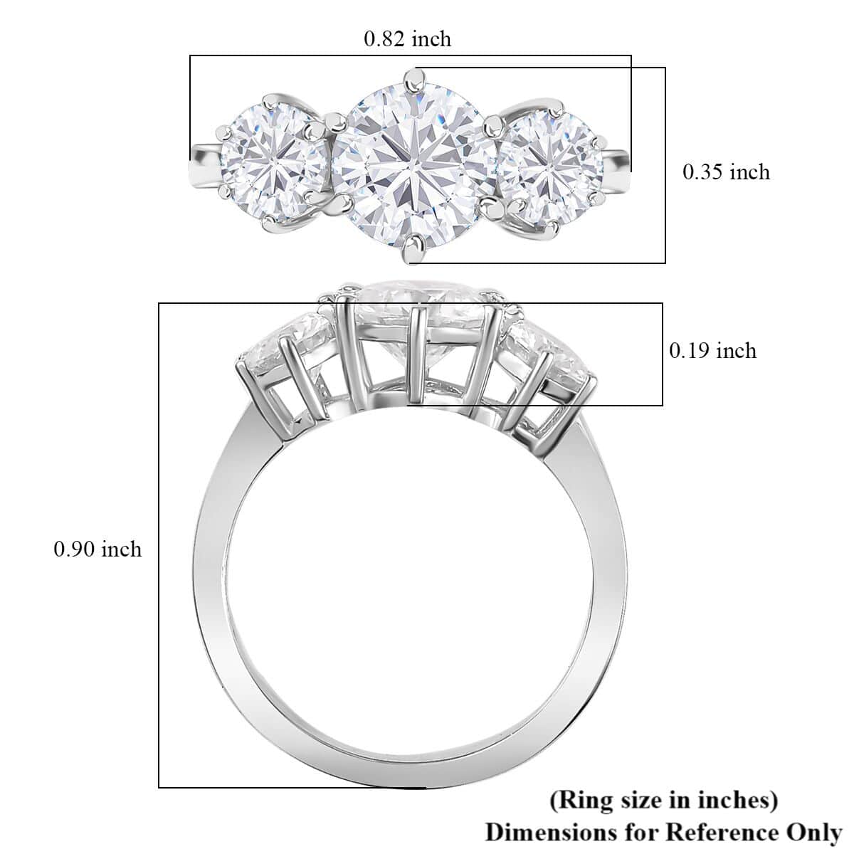 Moissanite 3 Stone Ring in Platinum Over Sterling Silver (Size 7.0) 2.00 ctw image number 5