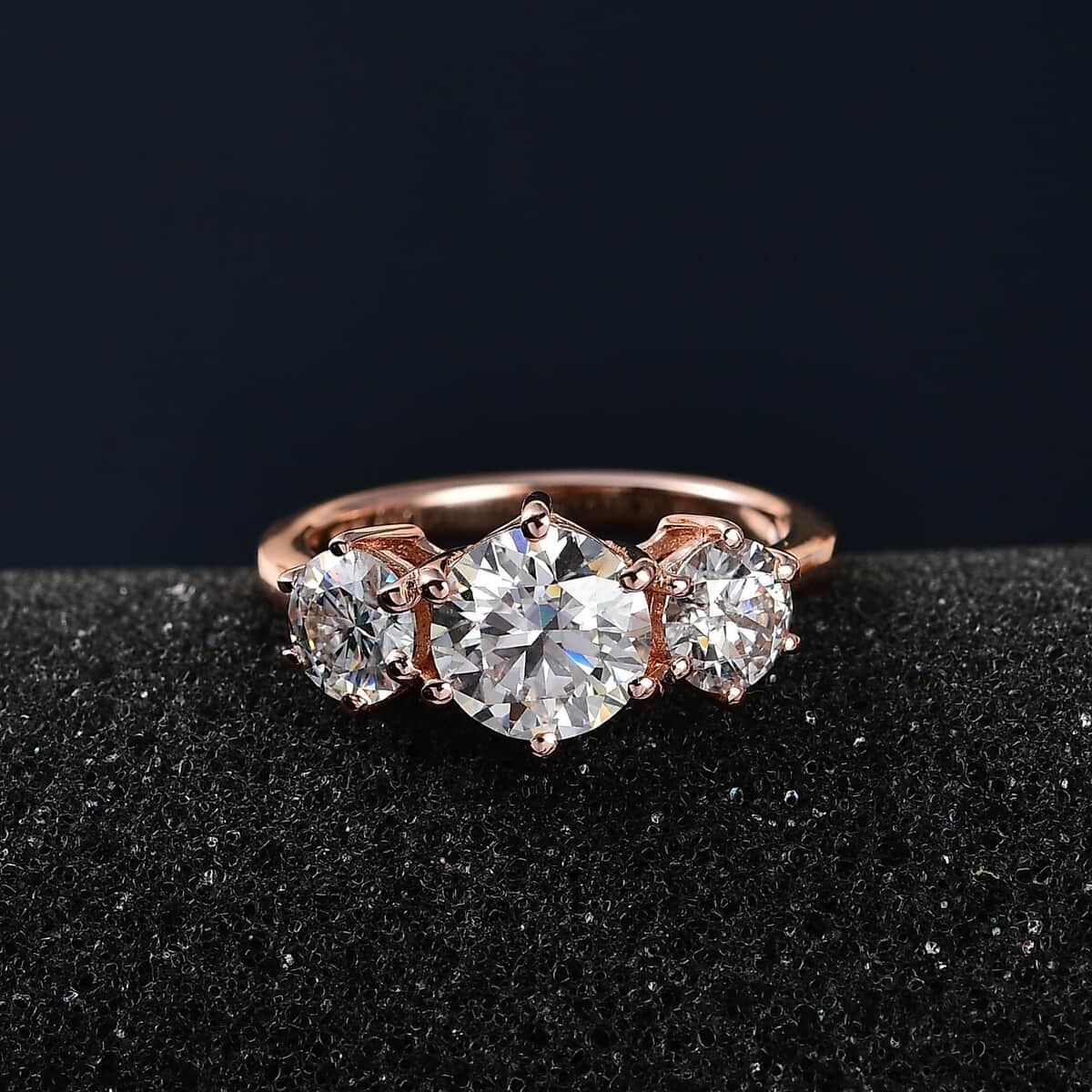 Moissanite 3 Stone Ring in Vermeil Rose Gold Over Sterling Silver (Size 10.0) 2.00 ctw image number 2