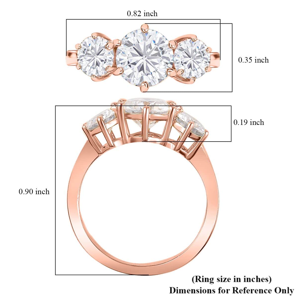 Moissanite 3 Stone Ring in Vermeil Rose Gold Over Sterling Silver (Size 10.0) 2.00 ctw image number 6